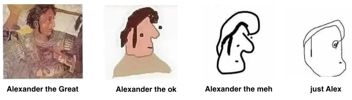 Meme about different Alexandres, from Alexander the Great to Just Alex.